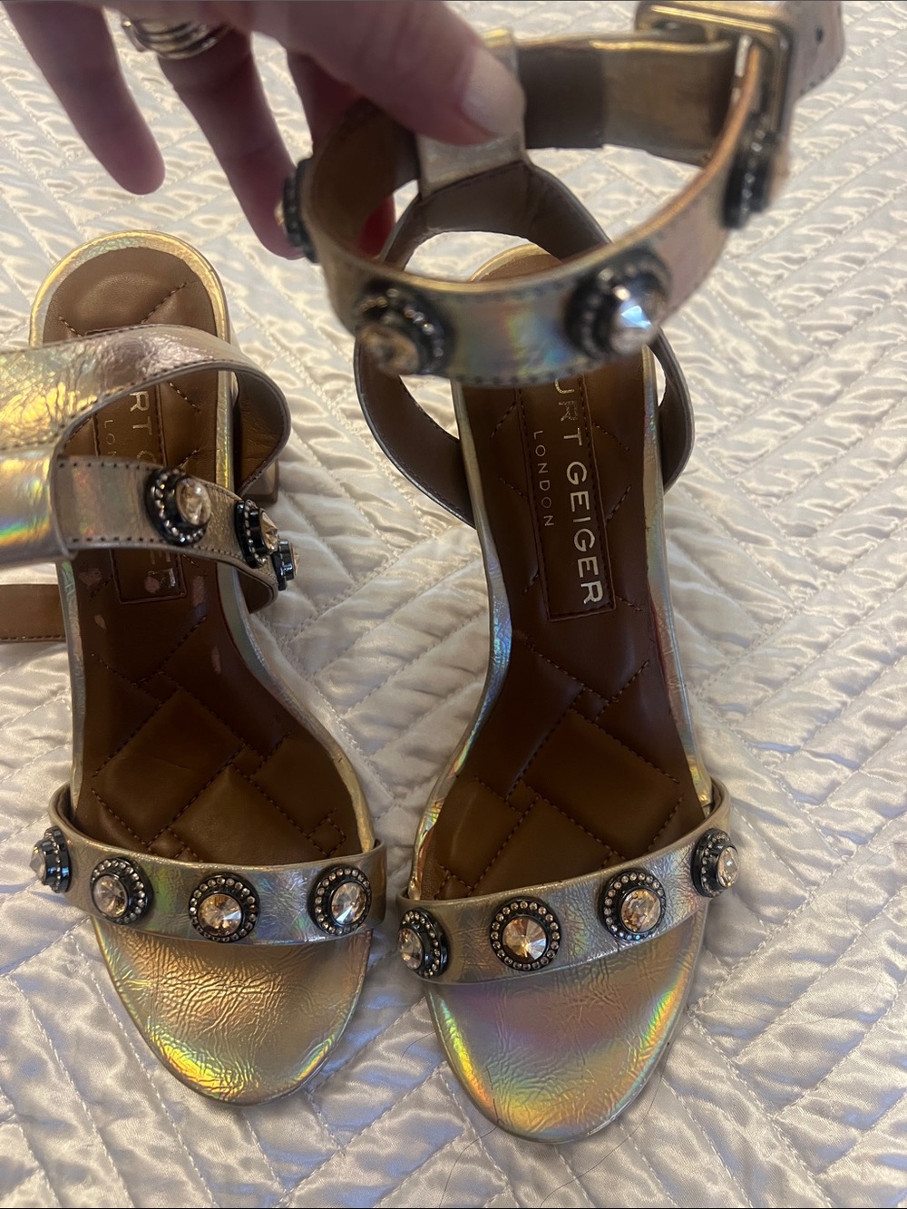 Kurt Geiger Iridescent Jewel-Studded Ankle-Strap Heels